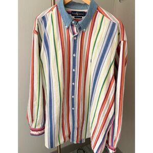 Ralph Lauren Vintage Colorful Multi Color Striped Shirt Denim Collar XXL Button